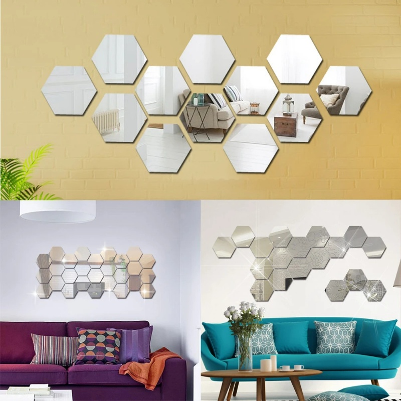 [Unggulan]3D Cermin Geometris Stiker Dinding Warna-Warni Hexagon Akrilik Mirror Sticker Removable Self Adhesive Mosaic Tiles Decals DIY Dekorasi Rumah Kamar Tidur Ruang Tamu Seni Cermin