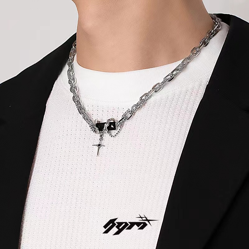 Kalung Baja Titanium Pria Zirkon Hitam, Kalung Hip-Hop Pria Trendi, Kalung Pria