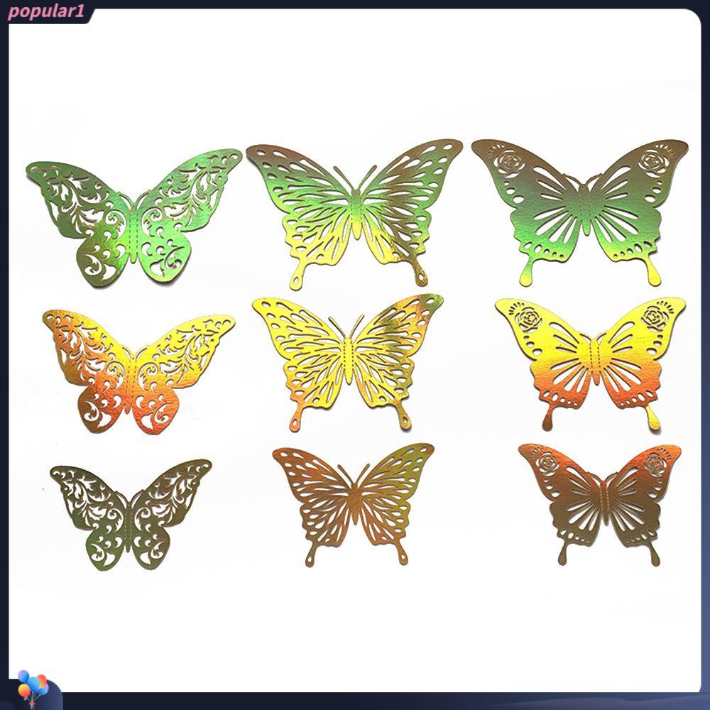 Populer 12PCS /Set 3D Kupu-Kupu Stiker Hadiah Dekorasi Rumah Kamar Anak Ornamen Warna-Warni Perak Emas