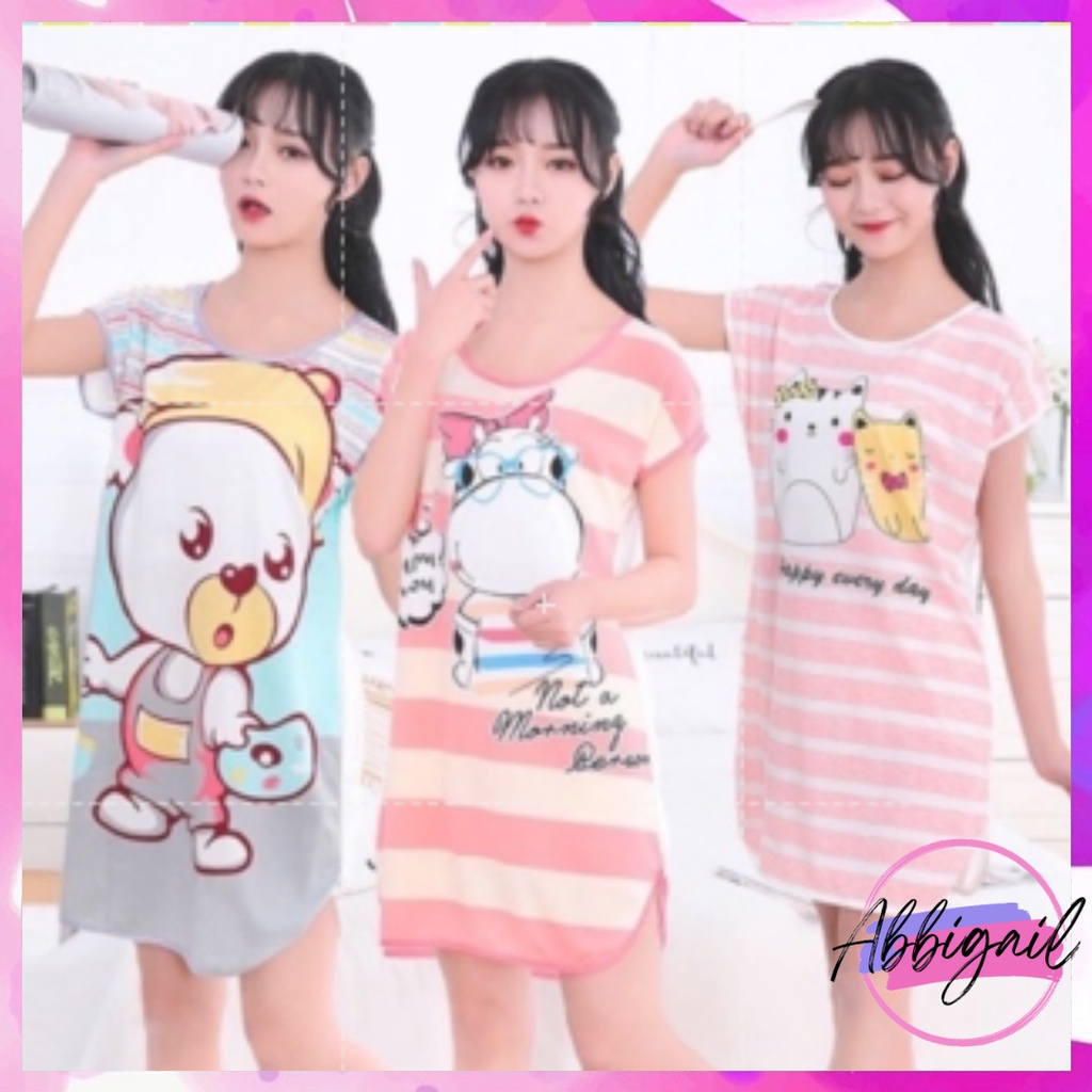 𝘈𝘉𝘎✰ Baju Tidur Model Daster Bahan Spandex Korea Lengan Pendek Motif Kartun Lucu 1052