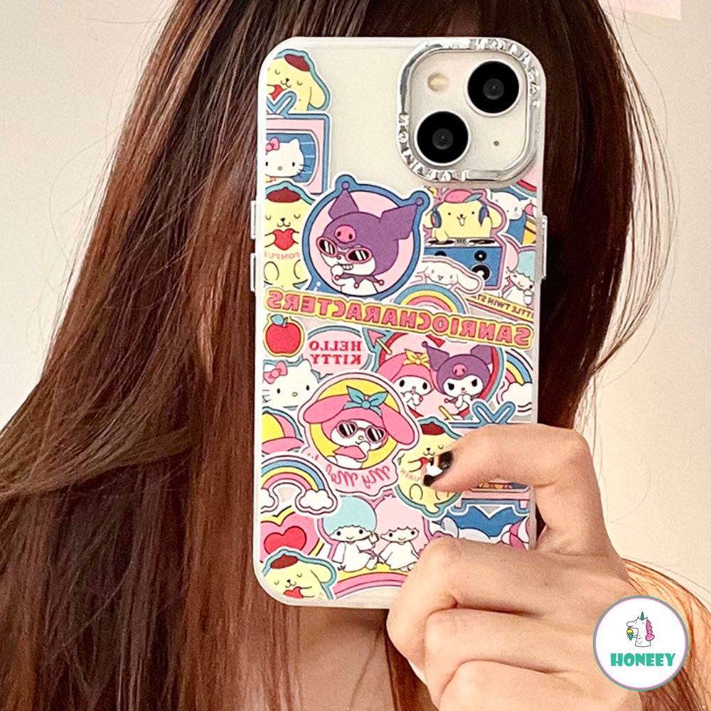 Casing Ponsel Karakter Sanrio Kartun Lucu Electroplated Untuk iPhone 14 Pro 13 12 11 Pro Max XR XS 8 7plus Colorful Graffiti Back Cover