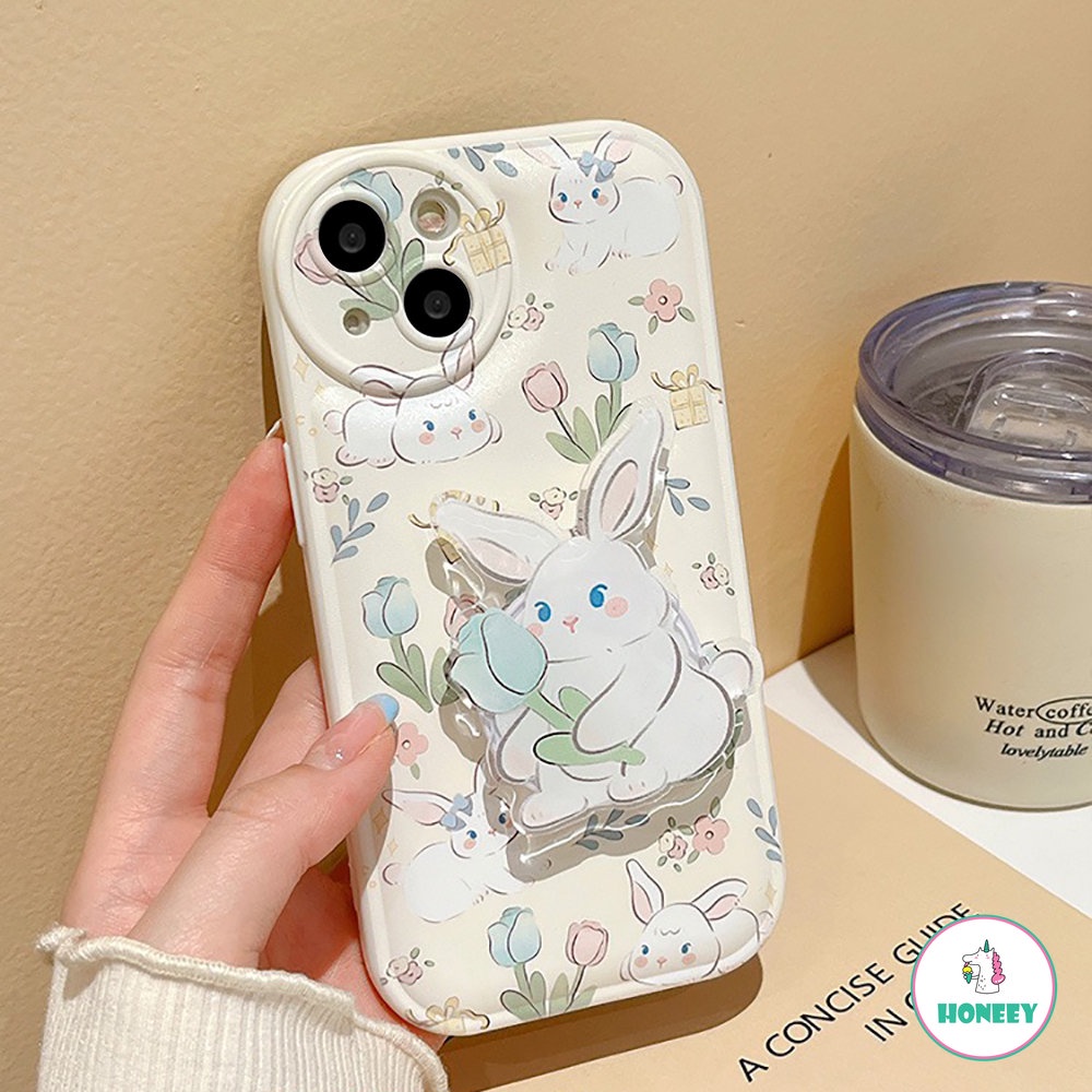 IPHONE Floral 3D Rabbit Stand Holder Phone Cases Untuk Iphone14 13 12 11 Pro Max Bracket Phone Bumper8 7 Plus XS Max XR X Flower Cover