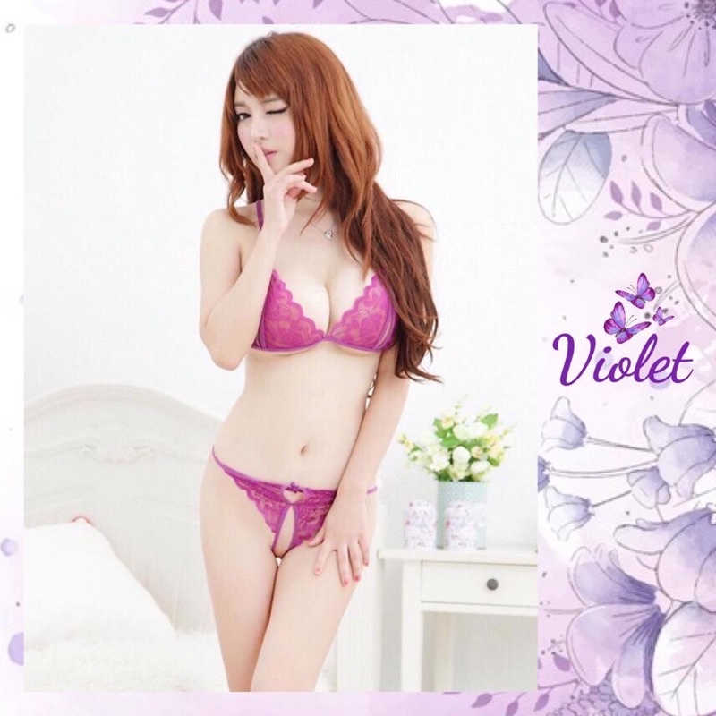 Lingerie Set Bra dan G-String Zamzam Violet 1024 Pakaian Seksi Transparant Pita Bunga Bh Set