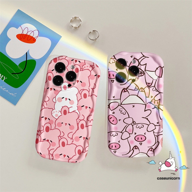IPHONE 3d Wavy Curved Edge Kartun Kelinci Indah Pasangan Case Kompatibel Untuk Iphone13 11 7Plus 14 12 Pro Max XR 6 7 8 6s Plus X XS Max SE 2020 Glossy Fashion Babi Lucu Tpu Soft Cover