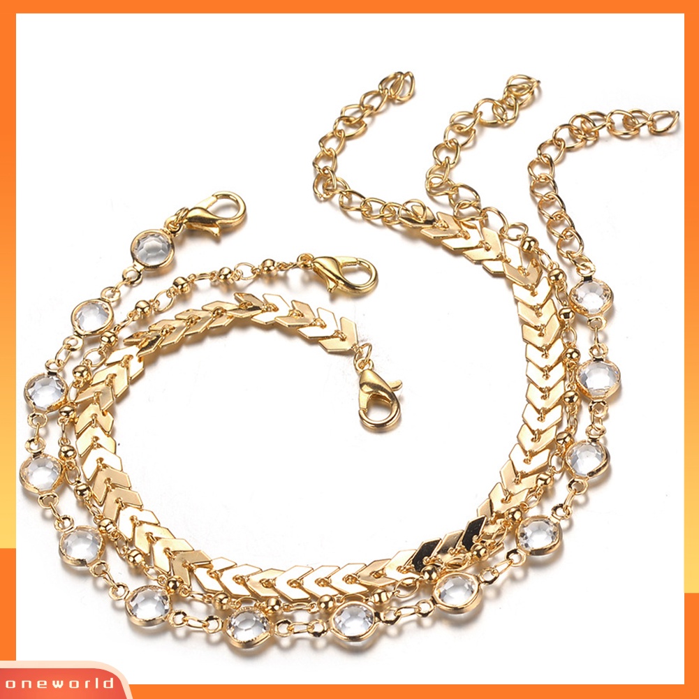 [WOD] 3pcs Golden Tone Faux Crystal Fish Bone Anklet Multi-layer Gelang Kaki Pantai