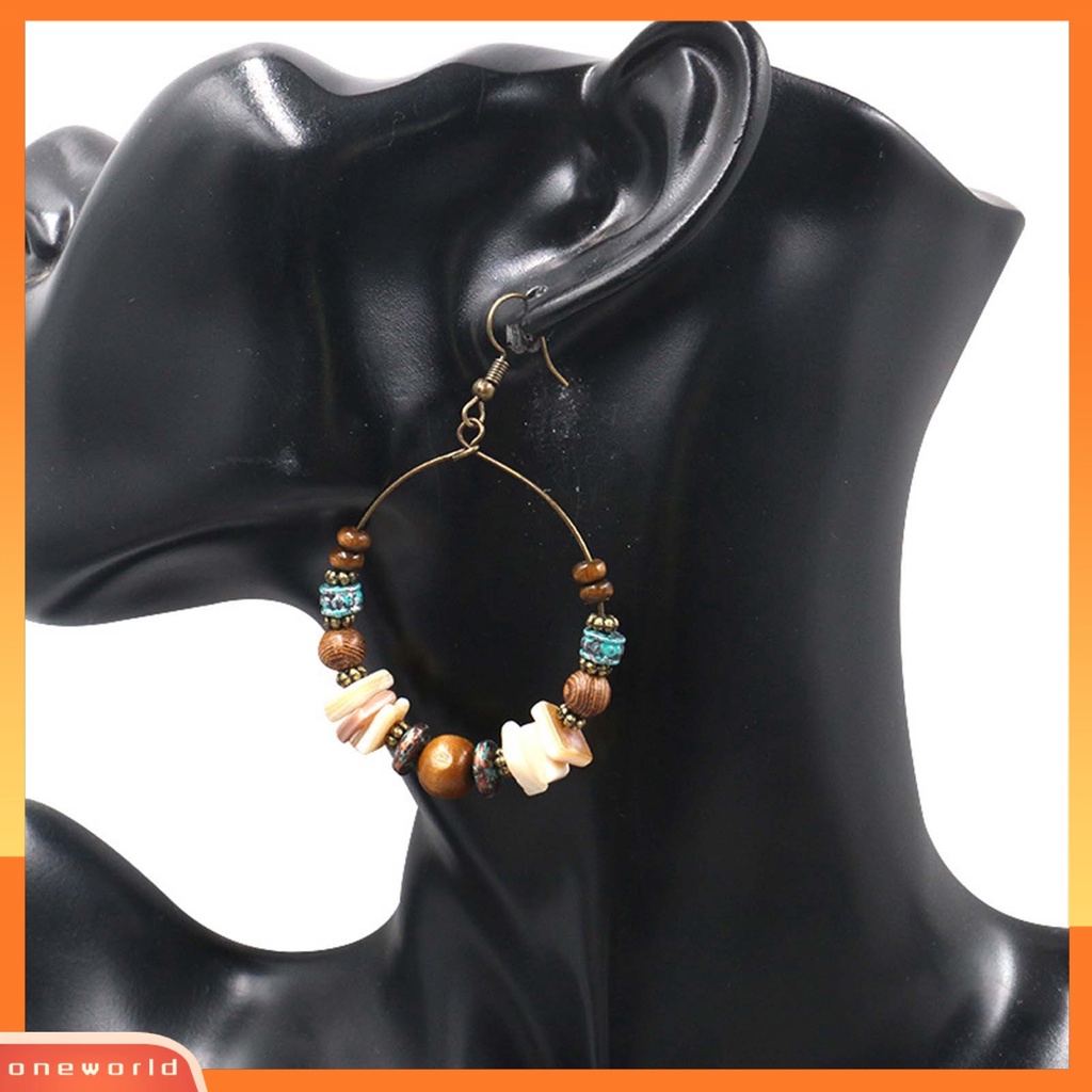 [WOD] 1pasang Shell Berlebihan Retro Anting Paduan Manik-Manik Kayu Bulat Anting Boho Fashion Perhiasan