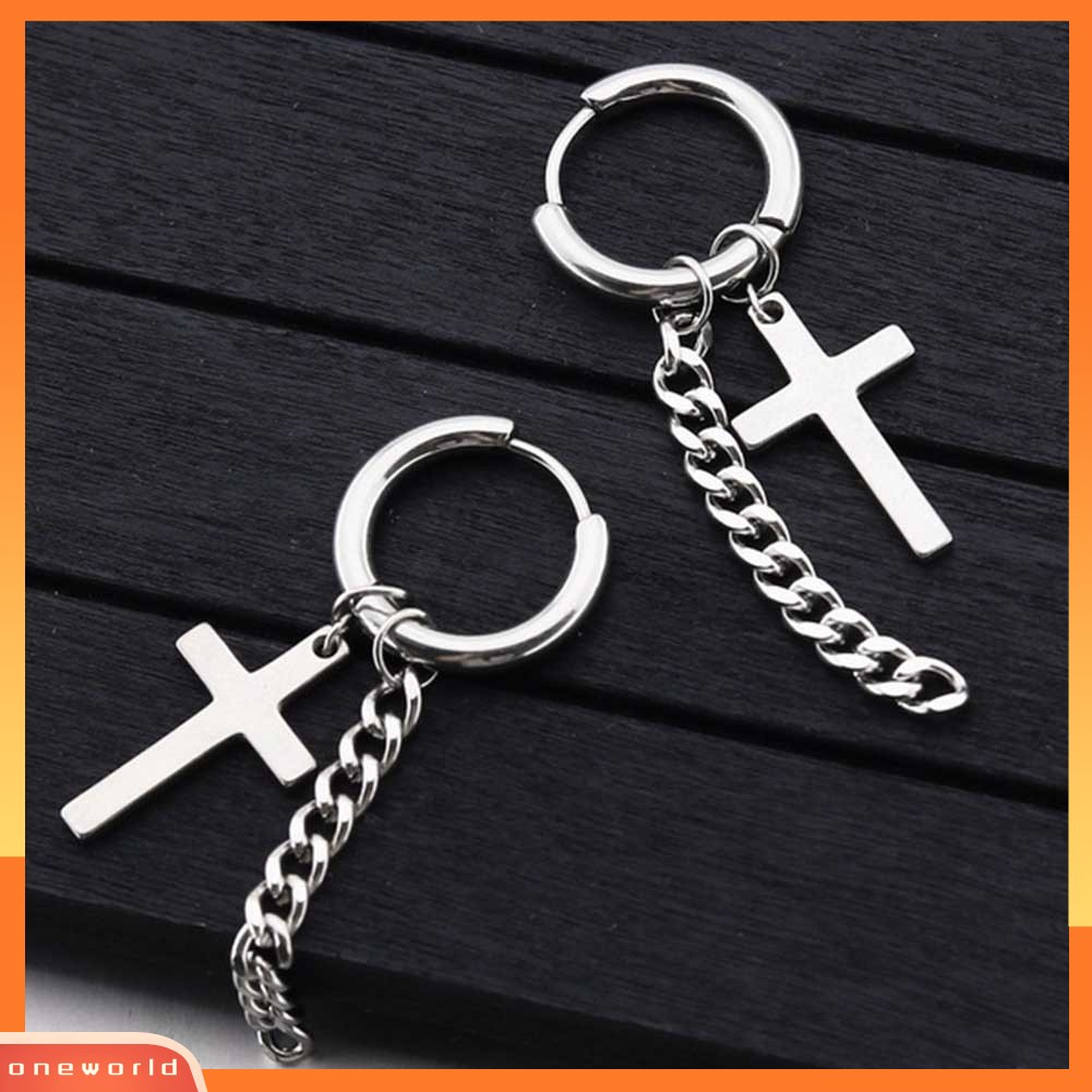 [WOD] 1pc Fashion Pria Rumbai Rantai Cross Pesona Telinga Klip Hoop Huggie Anting Perhiasan