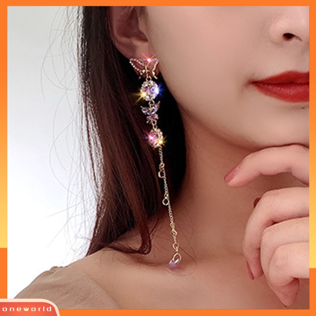 [WOD] 2pcs /Set Anting Elegan Butterfly Alloy Ungu Kristal Imitasi Menjuntai Drop Untuk Anniversary