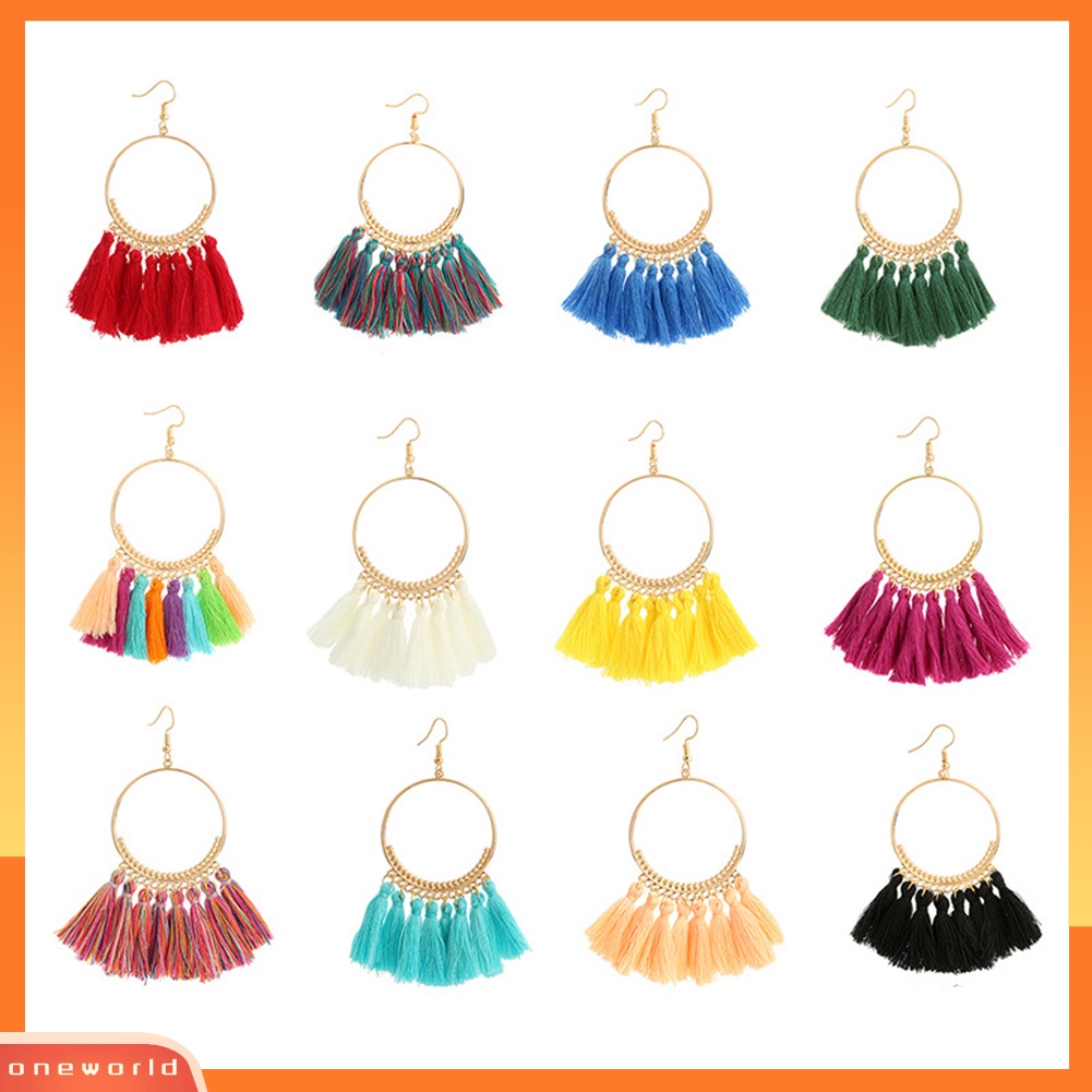 [WOD] Wanita Vintage Boho Besar Hoop Panjang Rumbai Fringe Menjuntai Kait Anting Perhiasan