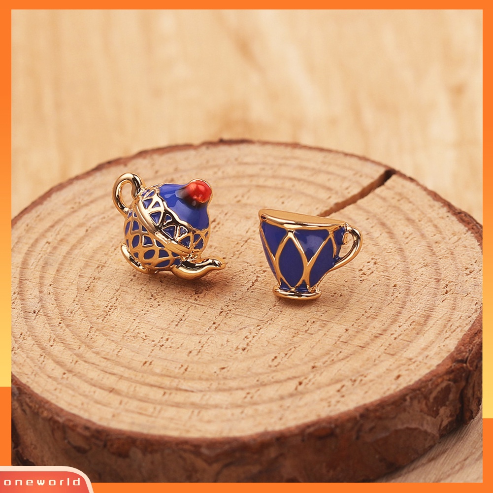 [WOD] Vintage Enamel Asimetris Teko Cangkir Liontin Wanita Stud Earrings Hadiah Perhiasan