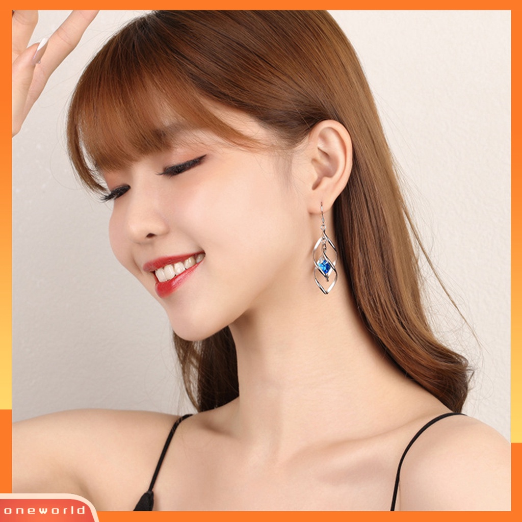 [WOD] 1pasang Wanita Drop Earrings Tahan Lama Kristal Imitasi Belah Ketupat Lapisan Ganda Berongga Keluar Anting Gantung Hadiah