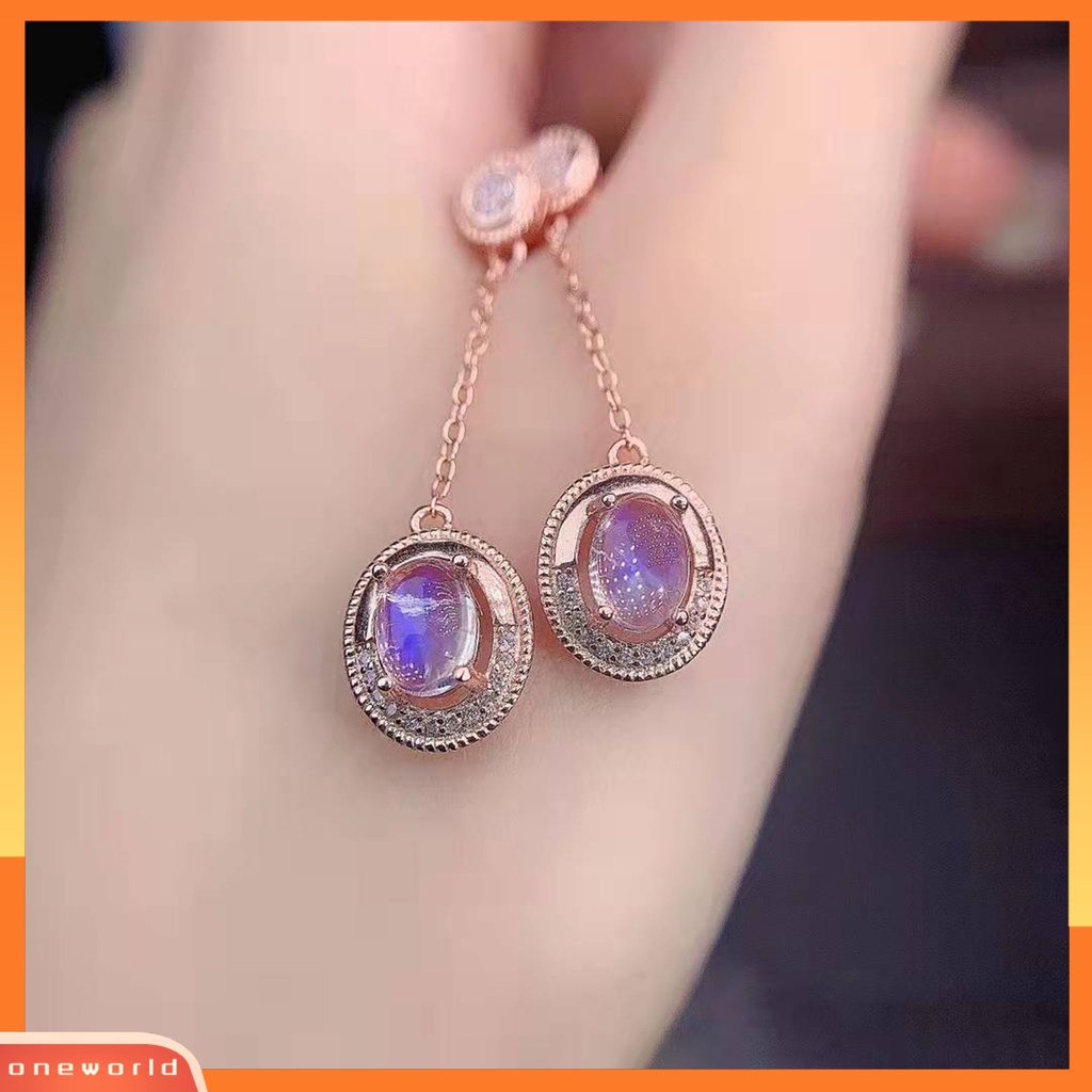 [WOD] 1pasang Anting Drop Earrings Anti Alergi All-match Hias Glittery Fashion Simulasi Moonstone Anting Panjang Untuk Pacaran