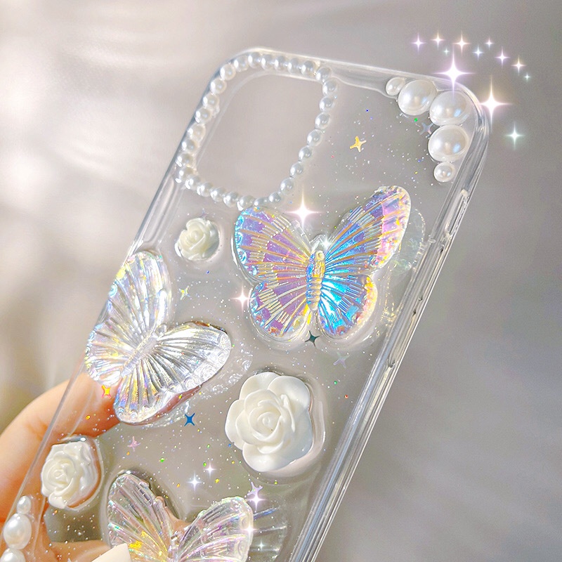 Casing Telepon Retro 3D Butterfly Pearl Untuk Ip12 Promax/ 13proamx /14Plus /14 Promax