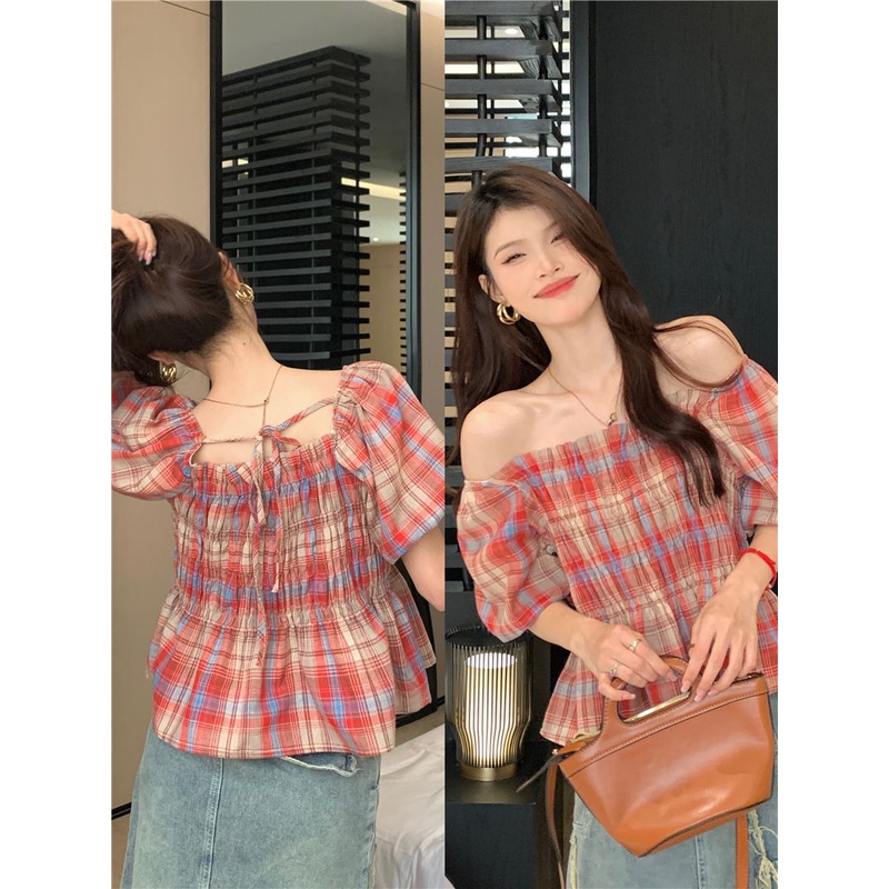 Kemeja Oversize Wanita Lengan Pendek Kotak Summer Casual Blouse