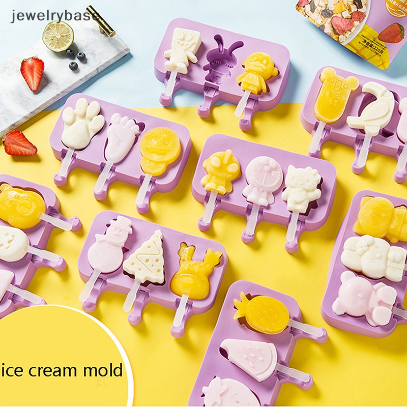 [jewelrybase] Cetakan Es Krim Silikon Cetakan Es Loli Kartun Hewan DIY Dengan Tutup Dan Stik Butik