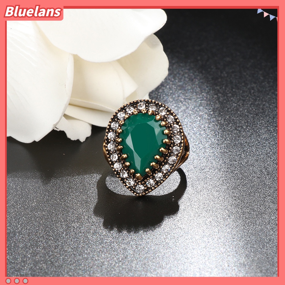 [BLS] Antik Teardrop Resin Berlian Imitasi Mengkilap Bertatahkan Jari Cincin Wanita Perhiasan Hadiah