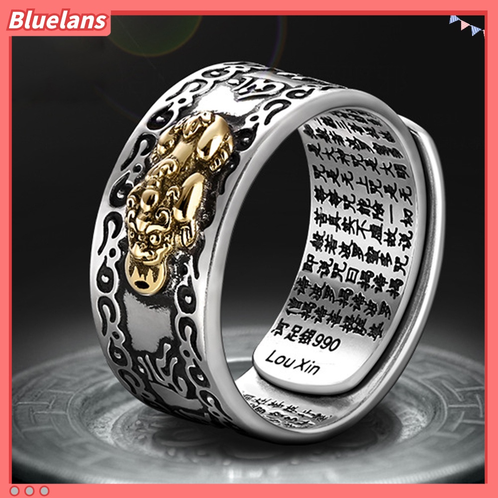 [BLS] Pria Beruntung Perak Berlapis Piqiu Sutra Hati Terukir Pembukaan Jari Cincin Perhiasan