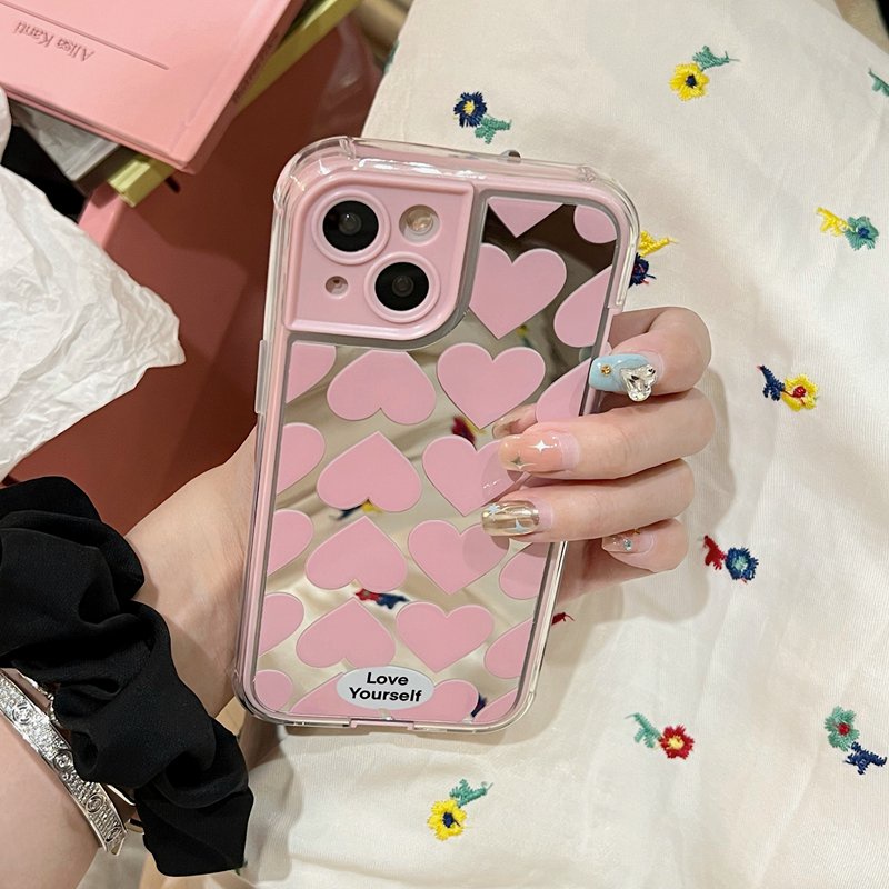 INS Pink Full Love Mirror Soft TPU Case iP iPhone 14 + Plus 11 12 13 Pro Max 2in1 FTD Girl Woman Casing Apple