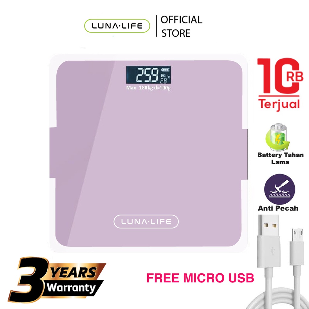 Luna Timbangan Badan Digital With USB Charging Anti Pecah With LCD GARANSI 3 TAHUN Official