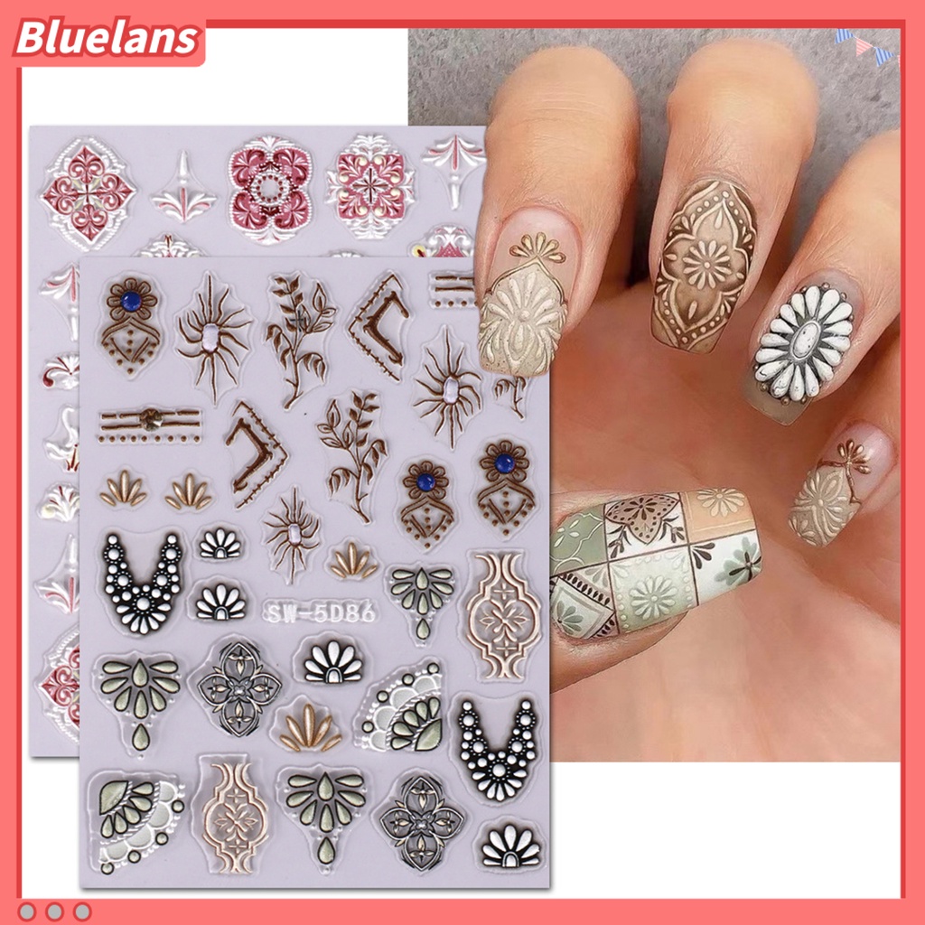[BLM] 1lembar Stiker Kuku Mudah Tempel Dapat Dilepas Vintage Renda Bunga Desain DIY Banyak Gaya Timbul Slider 5D Nail Decal Nail Salon Aksesoris