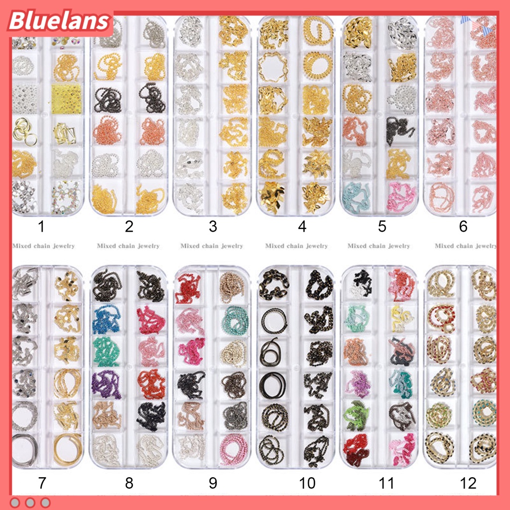 [BLM] 12pcs /Set Dekorasi Kuku Dengan Mudah Menempel DIY Rantai Kuku Metal Logam Charms Berlian Imitasi 3D Ornamen Untuk Perempuan