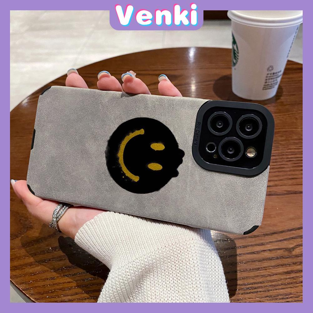 VENKI - Untuk iPhone 11 Case Leather Pupil Suede Cover Soft Shockproof Cover Camera Simple Yellow Smile Kompatibel dengan iPhone 14 13 Pro max 12 Pro max xr xs 7Plus 8Plus