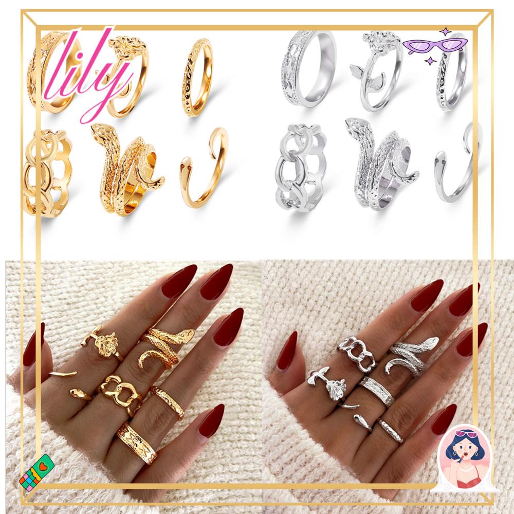 Lily 6pcs /Set Cincin Set Aksesoris Pesta Vintage Rantai Snake Joint Open Knuckle Rings
