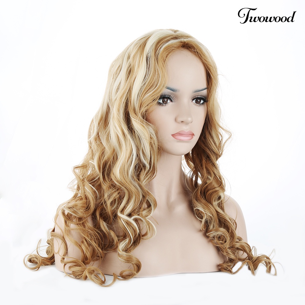 Twowood Fashion Wanita Panjang Mix Pirang Bergelombang Wig Seksi Keriting Alami Rambut Cosplay Wig