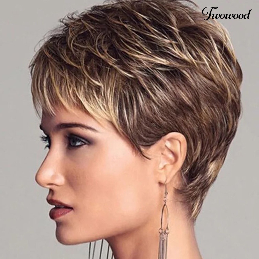 Twowood Wanita Fashion Rose Net Puff Alami Lurus Keriting Sintetis Pendek Wig Sopak