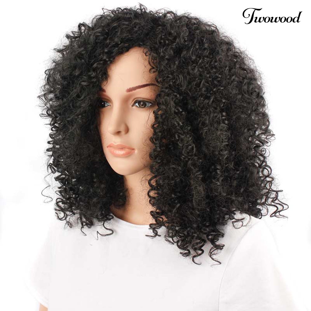 Twowood Wanita Fashion Afrika Hitam Pendek Keriting Bergelombang Rambut Tahan Panas Wig Sopak