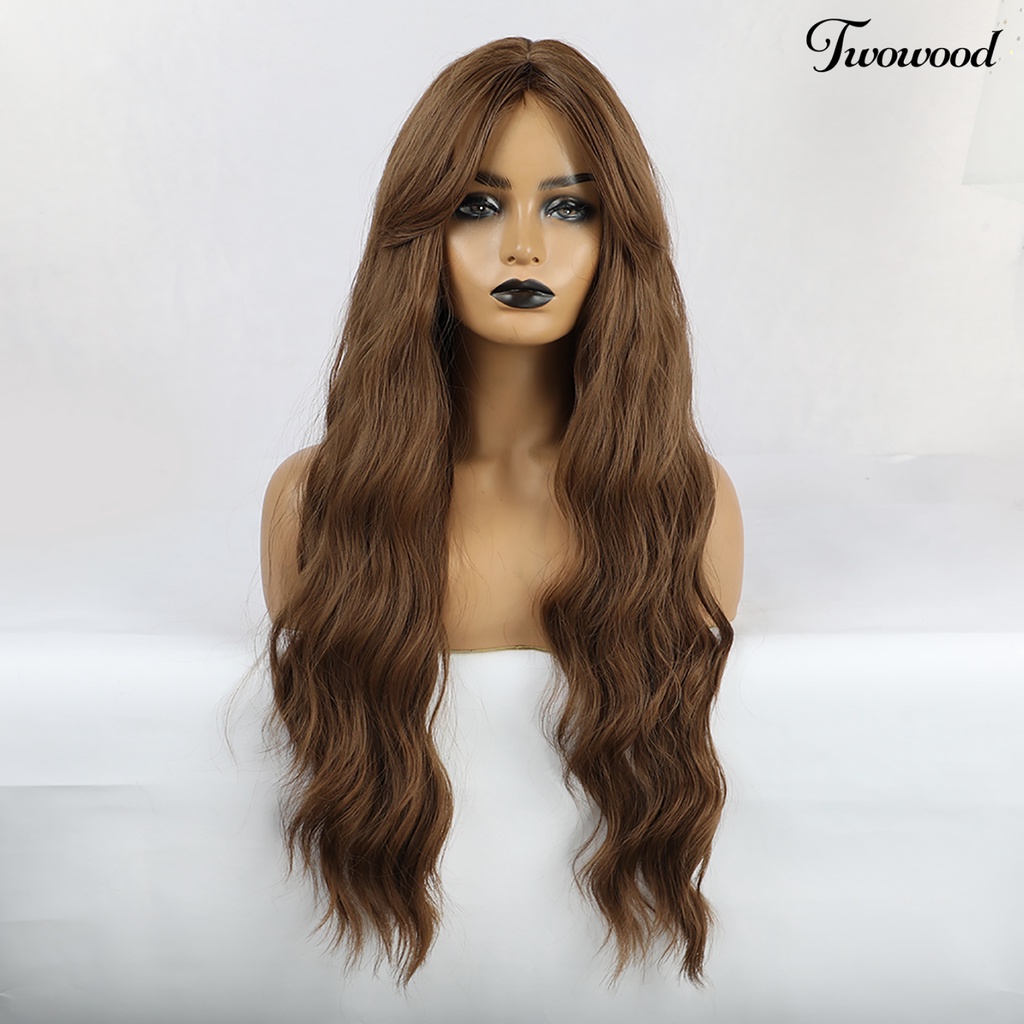 Twowood Wanita Fashion Panjang Bergelombang Keriting Rambut Pesta Cosplay Sintetis Alami Penuh Wig