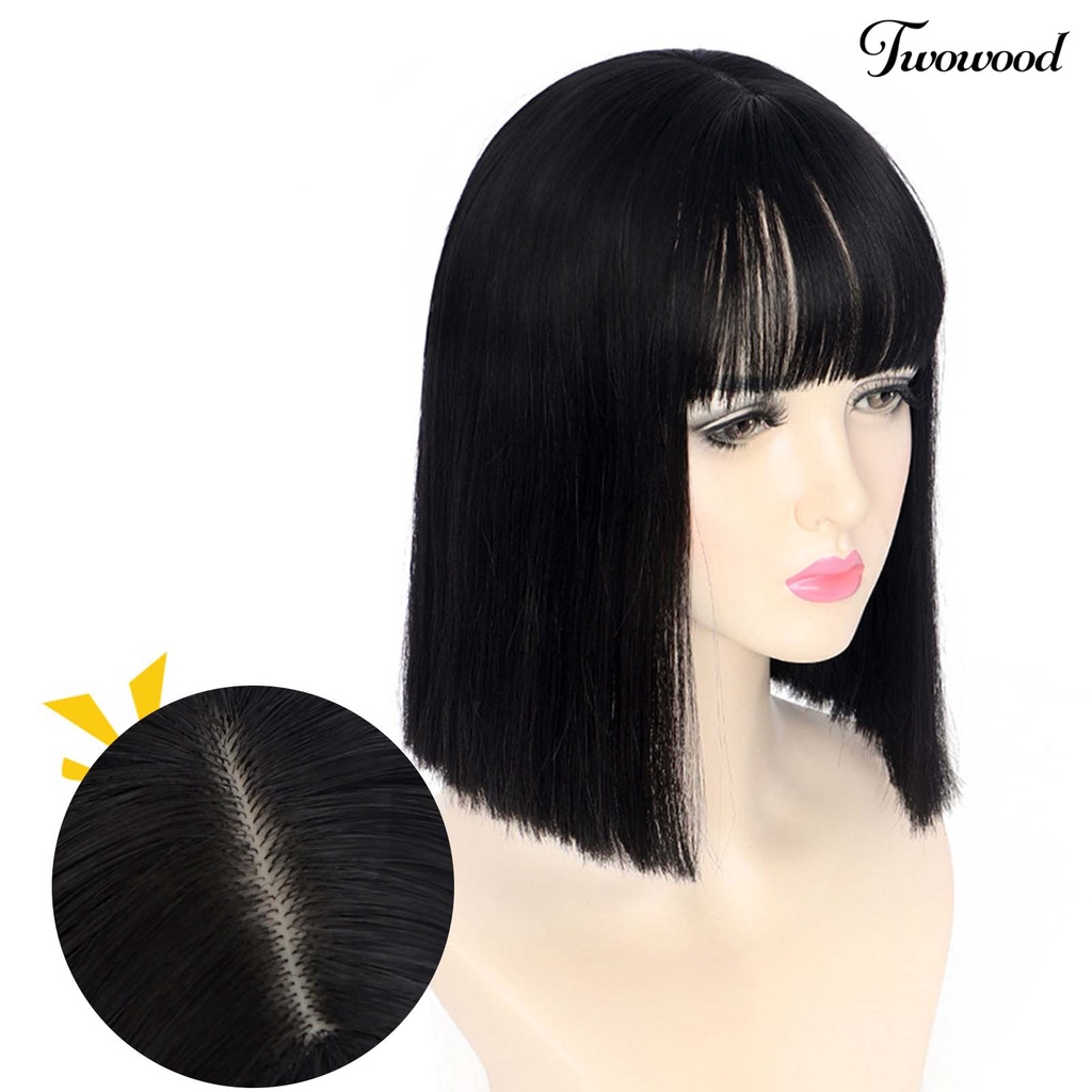 Twowood Jisheng Wig Lurus Ketat Warna Alami Wig Bob Lurus Pendek Serat Suhu Tinggi Dengan Bang Untuk Anak Perempuan