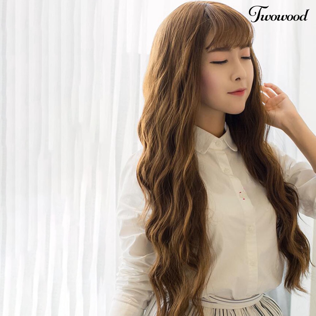 Twowood Wanita Wig Non-dropable Fluffy Bernapas Rambut Styling Alami Keriting Gelombang Besar Jagung Perm Matte Wig Dengan Poni Udara Digunakan Wanita