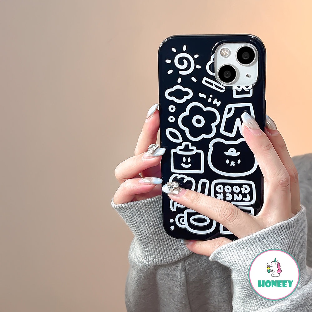 IPHONE Casing Ponsel Cinta Bunga Graffiti Lucu Kompatibel Untuk Iphone14 13 Pro Max12/12 Pro 11 Pro Max XR XS 7 8plus Hitam Lembut TPU Sarung Handphone