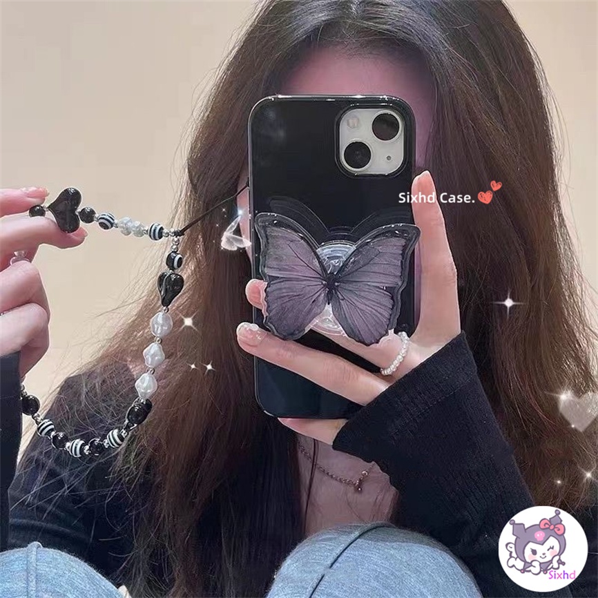 IPHONE Kompatibel Untuk Iphone14 13 12 11 Pro Max SE2020 X Xr Xs Max8 7 Plus Gaya Baru Ins Fashion Hitam Butterfly Phone Case +Lanyard +Bracket Lembut Anti Jatuh Pelindung TPU Cover