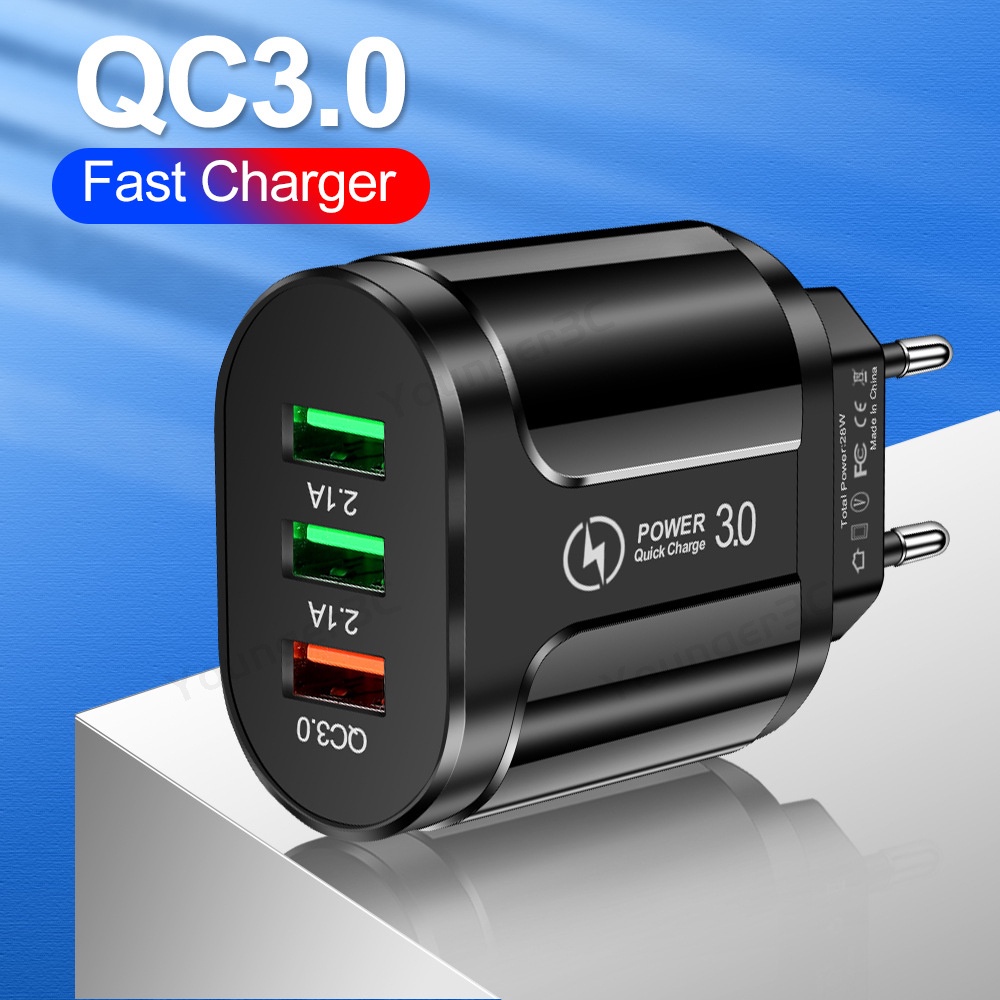 28w 3USB Fast Charging Phone Charger 3A QC3.0 Flash Travel Charging Adoptor Multi Antarmuka USB Charging Adapter Untuk Tipe C Micro