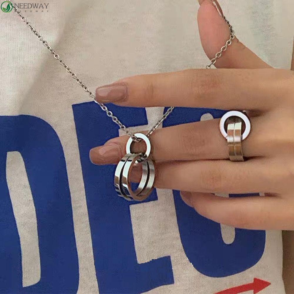 Needway Pria Kalung Punk Keren Hadiah Pacar Rantai Panjang Kalung Wanita Kalung Cincin Ganda Pasangan Kalung Gaya Korea Kalung