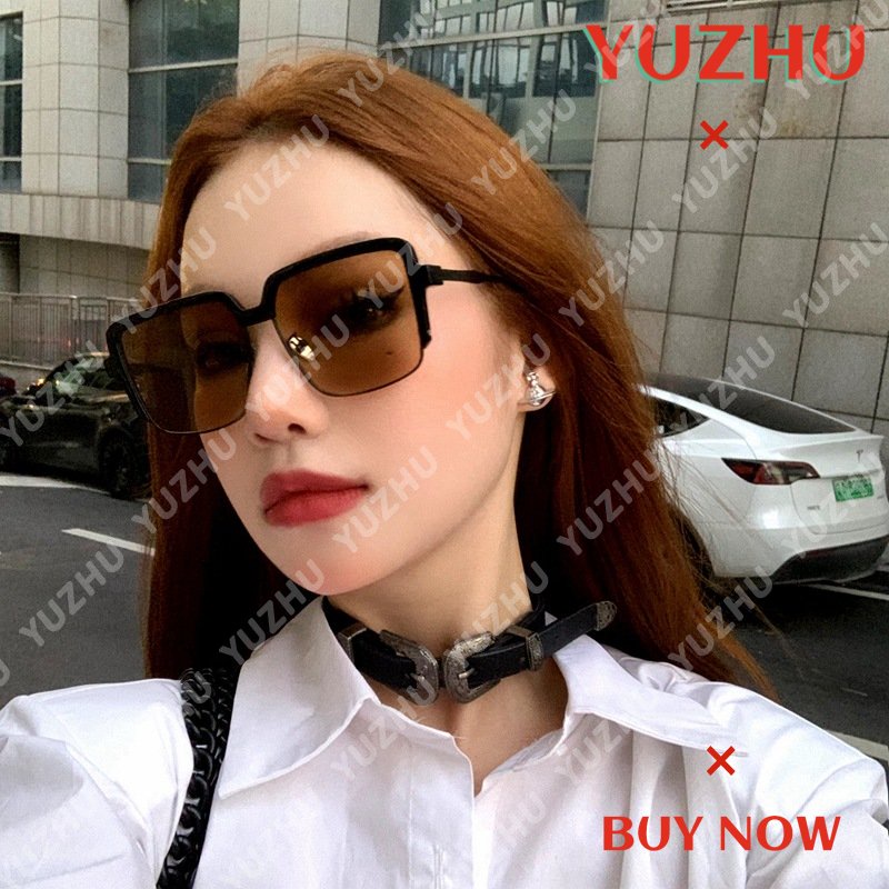 (YUZHU) Kacamata Hitam Coklat Persegi Fashion Korea Untuk Wanita Logam Oversized Frame Premium Sense Sunglasses