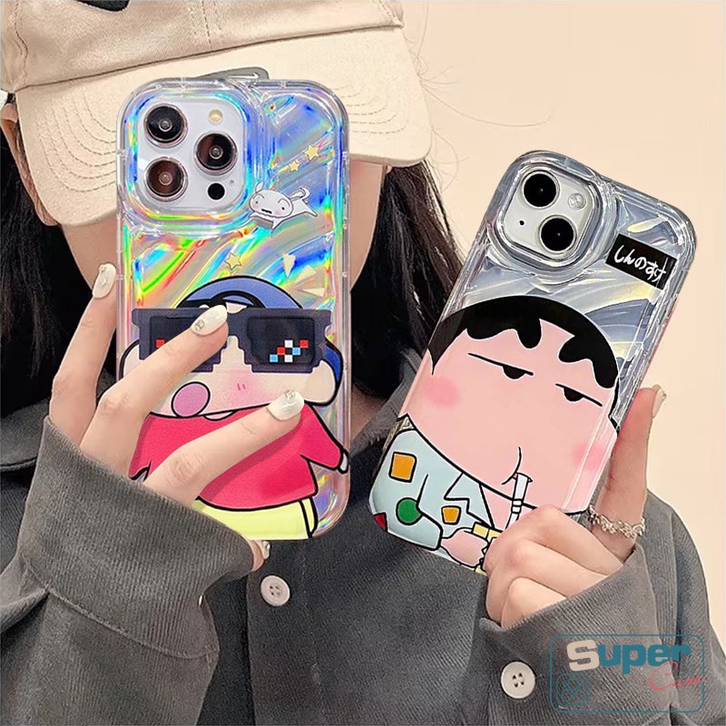 IPHONE Kreatif Kartu Crayon Shin-Chan Case Memakai Kacamata Hitam Kompatibel Untuk Iphone11 14 13 12 Pro MAX 7Plus XR X8 6 6S Plus XS MAX SE 2020 Kartun Hello Kitty 3D Stereo Corrugation Case