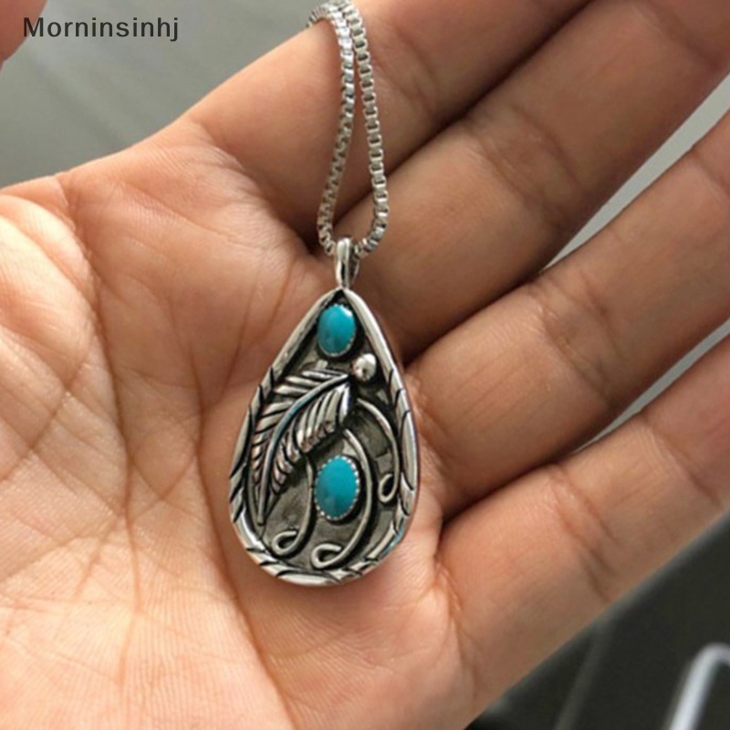 Mornin Vintage Leaf Green Stone Color Pendant Necklace Bohemia Pernyataan Perhiasan Tetesan Air Liontin Kalung Wanita id