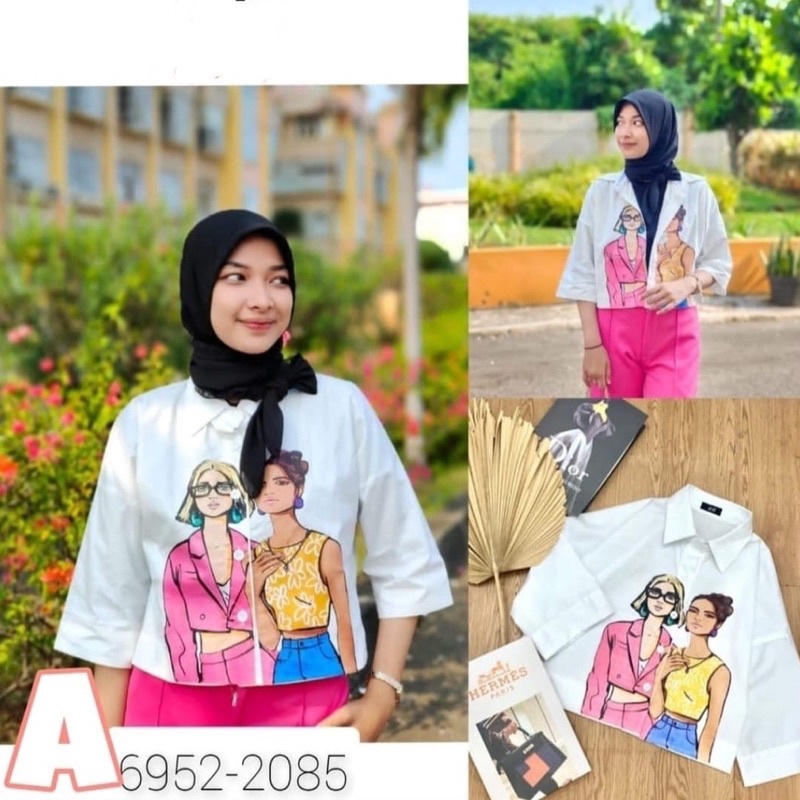 BEFAST - ZGW OOTD WANITA HEM REVI / Kemeja Bestie Crop Top / Pakaian Casual Wanita Remaja / Kemeja Crop Lengan 3/4 / OOTD Wanita Ala Korean Style / Hem Motif Lucu / Outfit Daily Wanita Hijab
