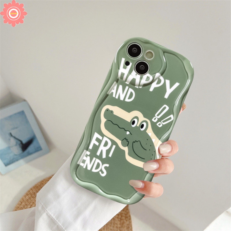 Untuk Oppo A17 A57 A5s A12 A16 A54 A55 A15 A17k A16E A5 A3s A16K A9 A74 A31 A95 A7 A54s A16s A1k A96 A53 A77 A52 A77s A92 A76 Kartun Buaya Dinosaurus 3D Wavy Curved Edge Soft Case