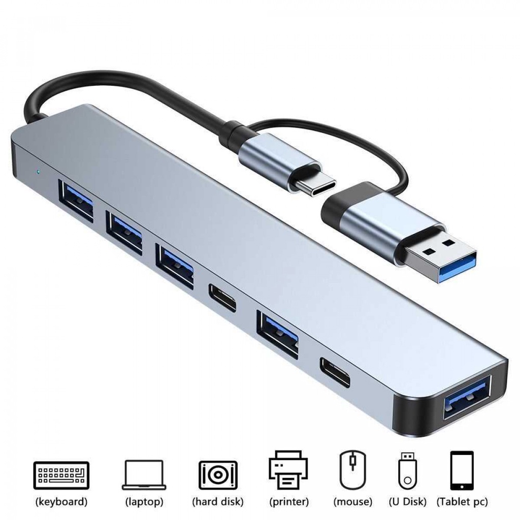 USB Hub Type C Adapter 7 Port in 1 USB 3.0 USB 2.0 PD 5W Plug and Play