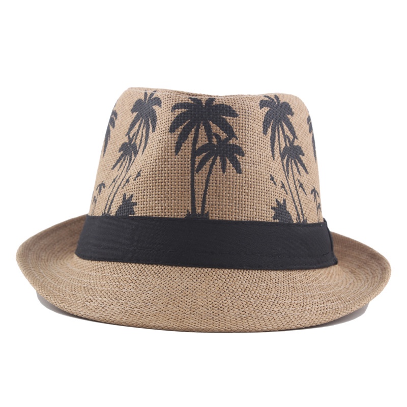 Topi Jazz Pria Palm Print Coconut Curly Straw hat Liburan Topi Matahari Pantai