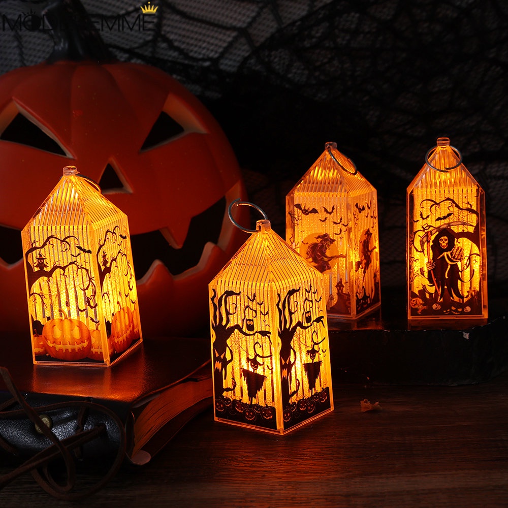 Lampu Malam LED Tema Halloween/Alat Peraga Dekorasi Pesta Festival/Perlengkapan Pencahayaan Ambient Portabel/Lentera Angin Lilin Elektronik/Lampu Genggam Motif Tengkorak Labu