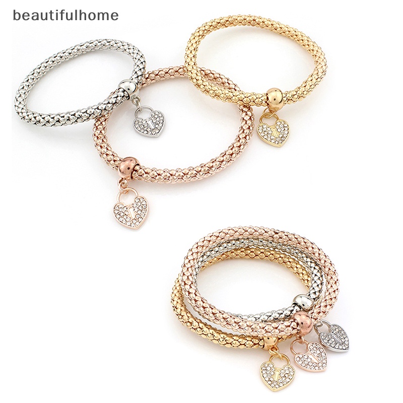 {beautifulhome} 3pcs Wanita Fashion Ctue Pesona Kristal Berlian Imitasi Hati Gelang Elastis Bangles.