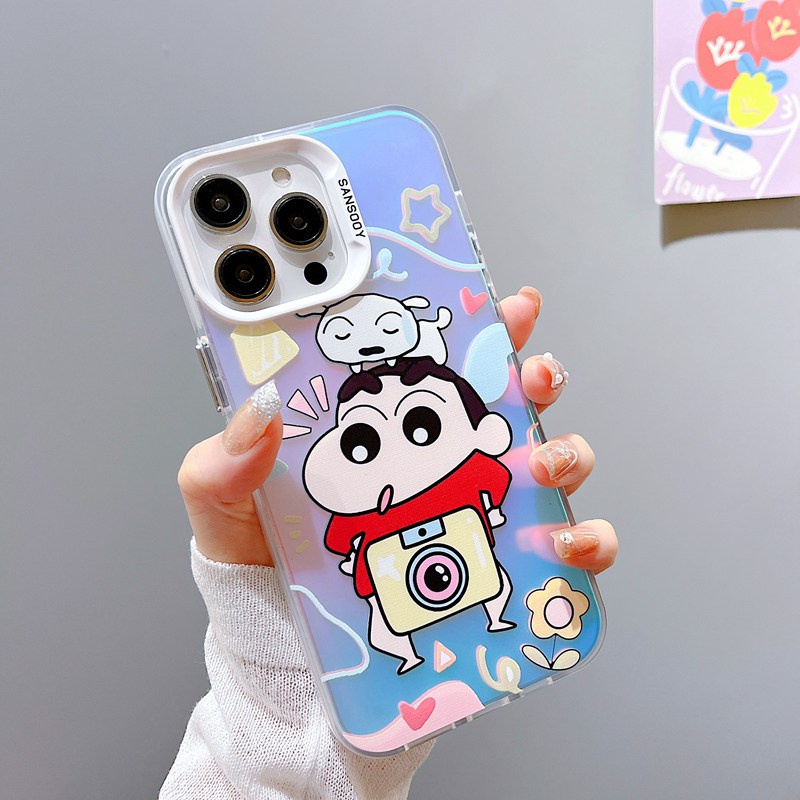 【Laser colorful】 So Cute IMD high quality Crayon Shin-chan Hard Case for IPhone 11 12 13 14 Pro Max Women Girl Lovely Cartoon