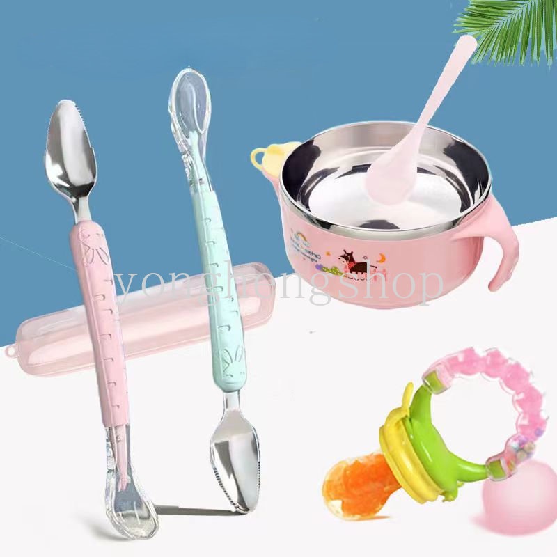 Double-head Fruit Mud Scraper Stainless Steel Fruit Scraping Spoons Silikon Lembut Sendok Suplemen Makanan Sendok Makan Bayi Balita Sendok Garpu