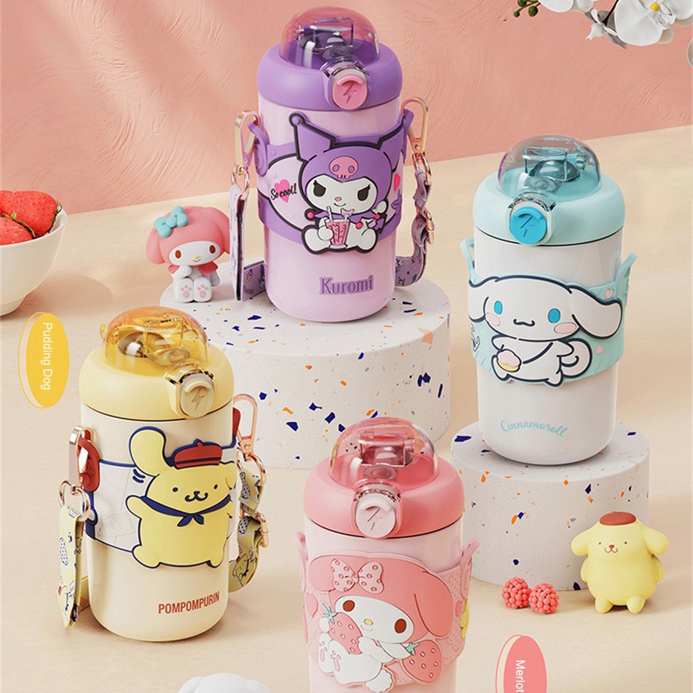 ღ 380ml/460ml Sanrio Insulating Cup Cartoon Children Straw Cup Melody Kuromi Cinnamoroll Stainless Steel Botol Air Siswa Perempuan Untuk Hadiah