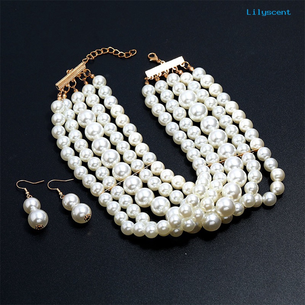 [LS] Set Perhiasan Pengantin Berlebihan Temperamen Multi-layer Manik-Manik Mutiara Imitasi Hias Hadiah Wanita Kalung Pendek Anting Set Aksesoris Gaun